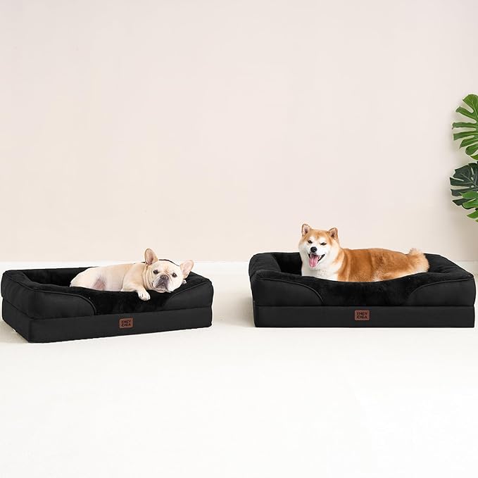 EHEYCIGA Orthopedic Dog Bed for Medium Dog, 30x20 Inch Memory Foam Dog Couch Bed with Sides, Waterproof Liner & Washable Removable Cover, Bolster Pet Sofa, Black
