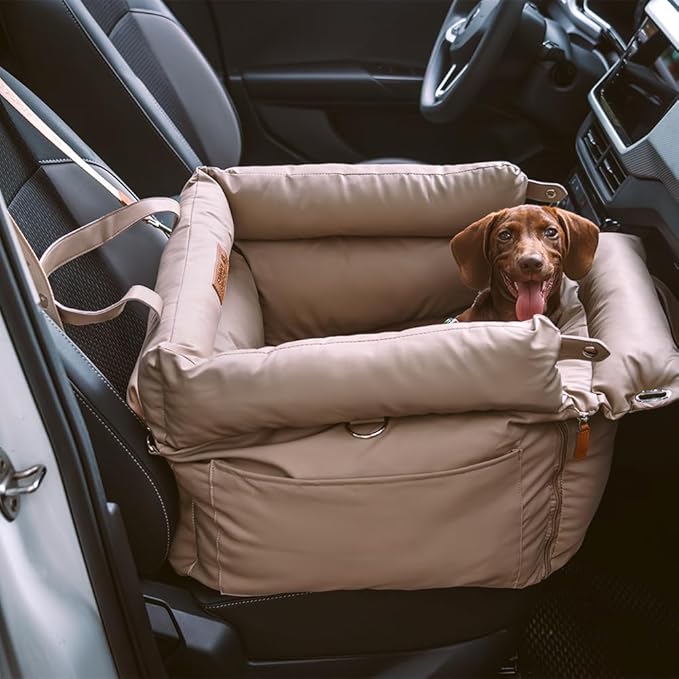 FUNNYFUZZY Luxury Dog Car Seat for Small Medium Dogs Under 35 lbs, Waterproof Leather Pet Booster Seat with Safety Leash & Anti-Slip Base, Fully Padded Dog Car Bed, Portable Puppy Carrier(Khaki)