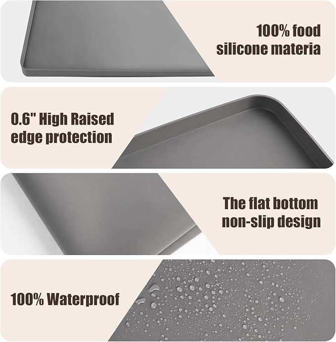 Silicone Cat Litter Mat 24x20 in Waterproof Litter Box Mat Leak-Proof Thick Under Kitty Litter Box Feeding Tray with Raised Edges for Floor Carpet, Grey