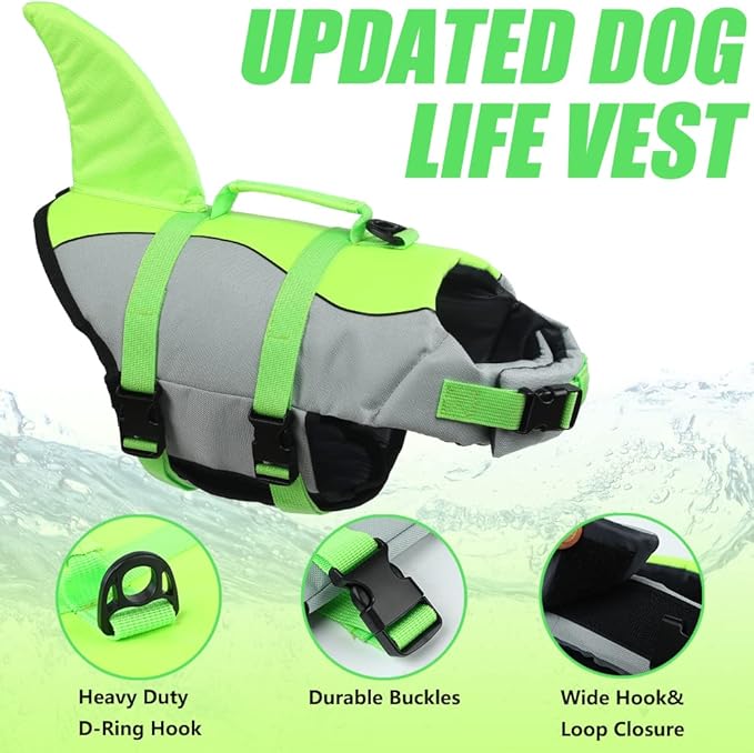 EMUST Dog Life Jacket Shark, Dog Life Vests for Small, Middle, Large Dogs with Rescue Handle Pet Flotation Vest Safety Lifesaver for Swimming Pool Beach Boating, (S,Green)