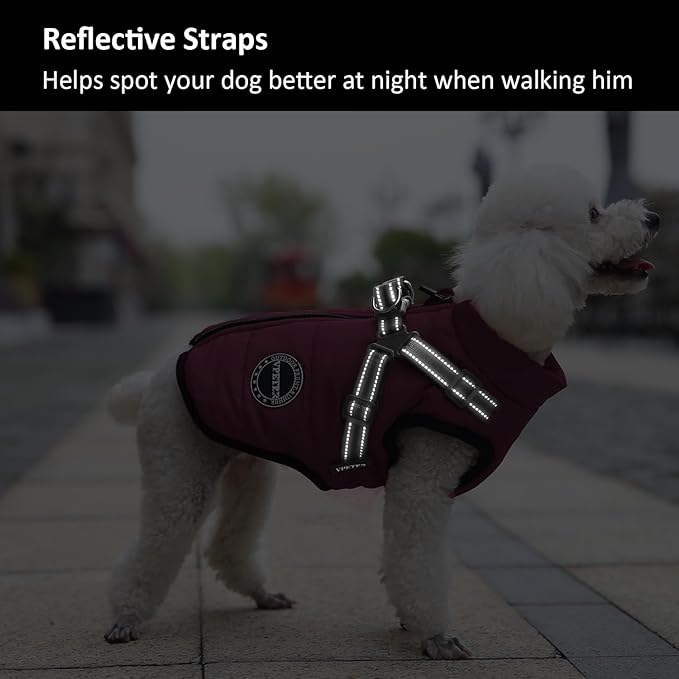 Dog Winter Coat,Warm Jacket Paded Fleece Dog Vest with Built in Harness,Windproof Reflective Cozy Adjustable Snow Pet Coat Clothes with Zipper for Small Medium Dogs