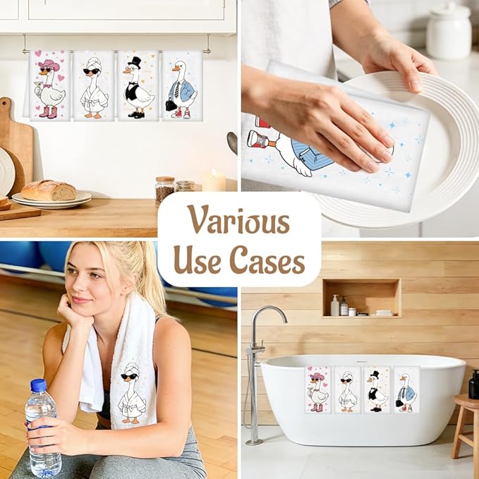 WADORN 4Pcs Funny Goose Kitchen Hand Towels, Cute Goose Kitchen Dish Tea Towels 24 x 16 Inch Soft Microfiber Absorbent Home Bathroom Decorative Gifts for Farm Animal Gifts Bird Lovers Housewarming