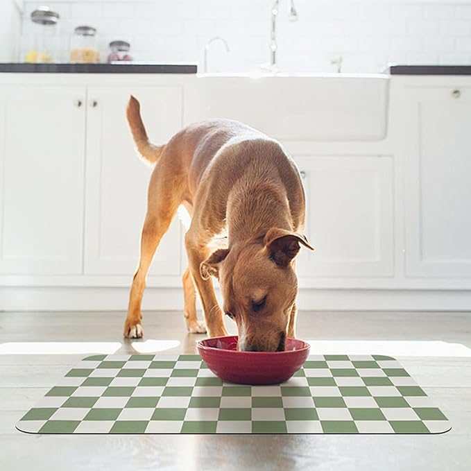 CooRug Checkered Dog Food Mat, Absorbent Leak-Proof Pet Feeding Mat, Quick Dry Cat Food Mat for Messy Drinkers 16" x 24" Green