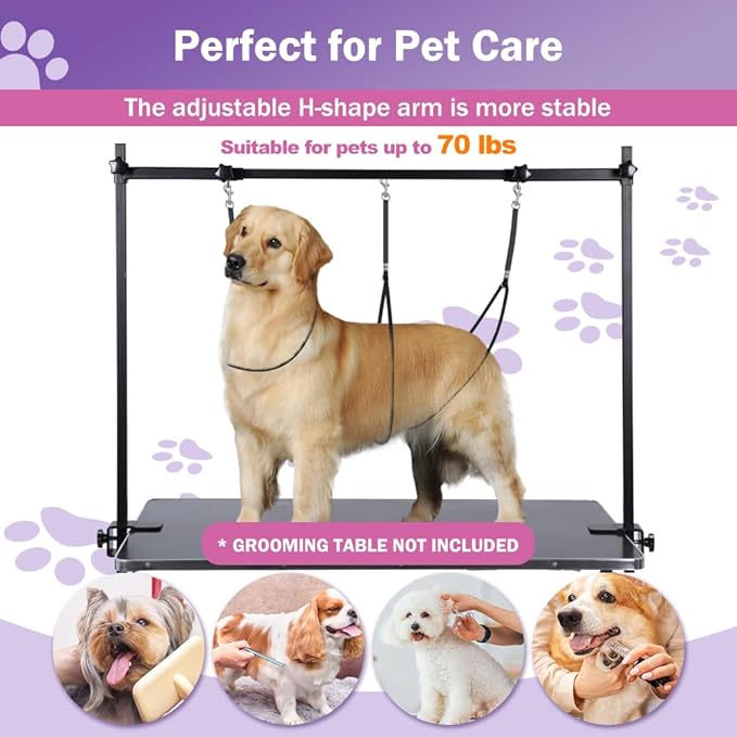 AGESISI H-Shape Dog Grooming Arm with Clamp, Heavy Duty Pet Grooming Table Arm with Loop Noose, 32" Height Adjustable and 34" - 50" Width Adjustable for Large & Medium & Small Pets, Black