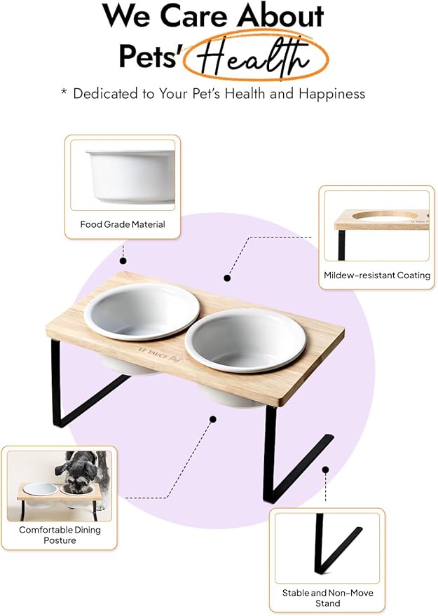 LE TAUCI PET Elevated Dog Bowls, Raised Dog Bowl Stand with Two 6.5 inch Ceramic Bowl, Non-Slip Puppy Food and Water Bowls, Dogs Feeder for Small and Medium Breed, White
