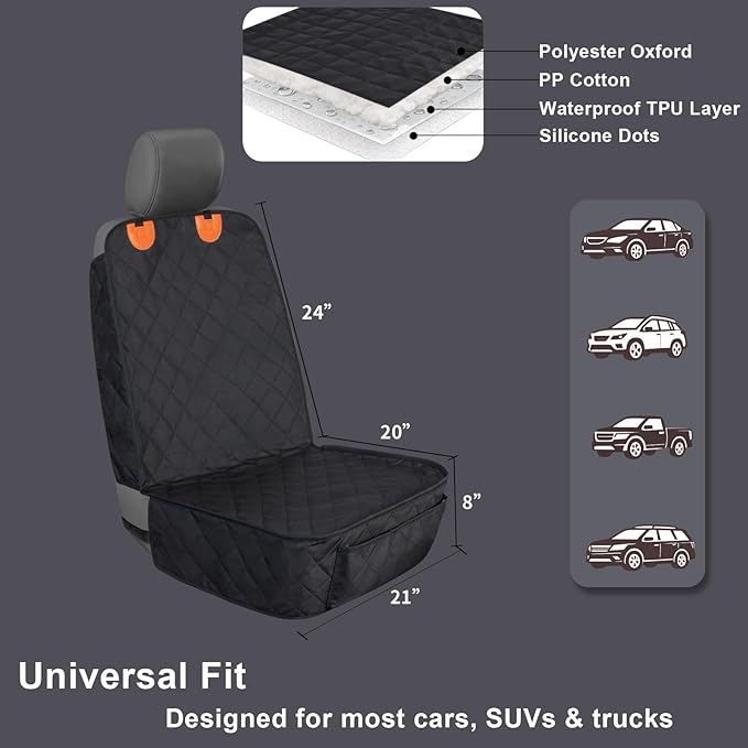 Dog Car Seat Cover Front Seat - Waterproof and Non-Slip, Heavy-Duty Pet Seat Protector with Side Flaps, Full Protection for Front Bucket Chairs on Cars SUVs Trucks (Black, Standard Front)
