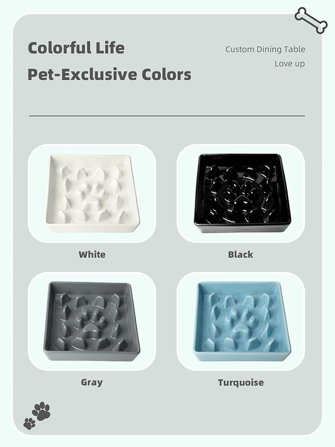 Ceramic Slow Feeder Dog Bowl, 1.8 Cup Fun Pet Food Dish for Small & Medium Breeds to Slow Down Eating, Anti-Gulping, Stop Bloat, Preventing Choking (White)