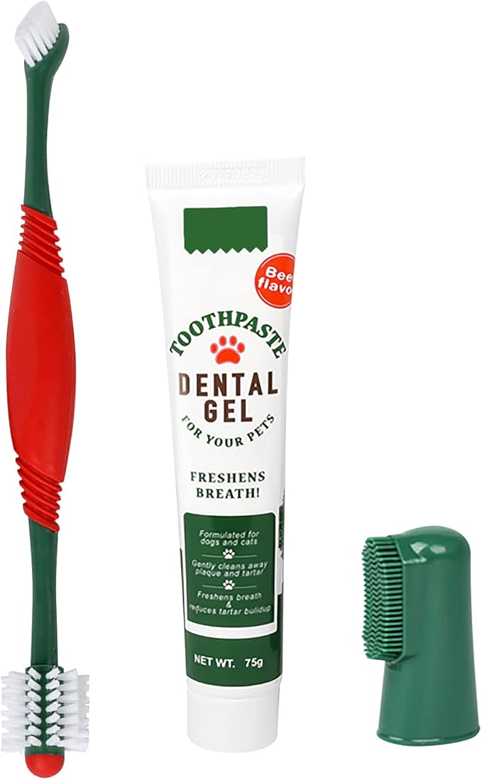 Pet Toothbrush Toothpaste Kit Dog Teeth Cleaning Cat Teeth Cleaning Dental Care Kit Pet Finger Toothbrush, Reduce Plaque & Tartar Buildup, Beef Flavor