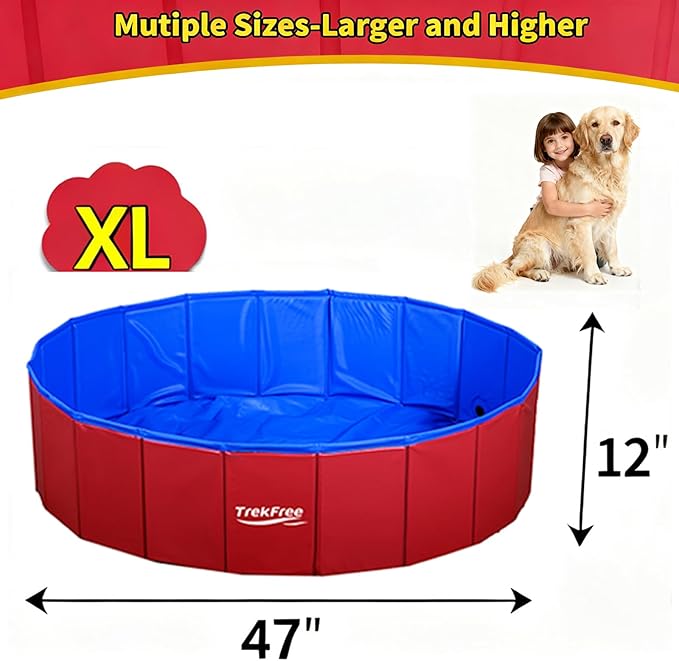 Foldable Pet Pool, Puppy Small Medium Large Dogs Pool,Non-Slip Pet Bath Tub for Outdoor Backyard,Collapsible Dogs Swimming Pool for Dogs Cats and Kids 47" red