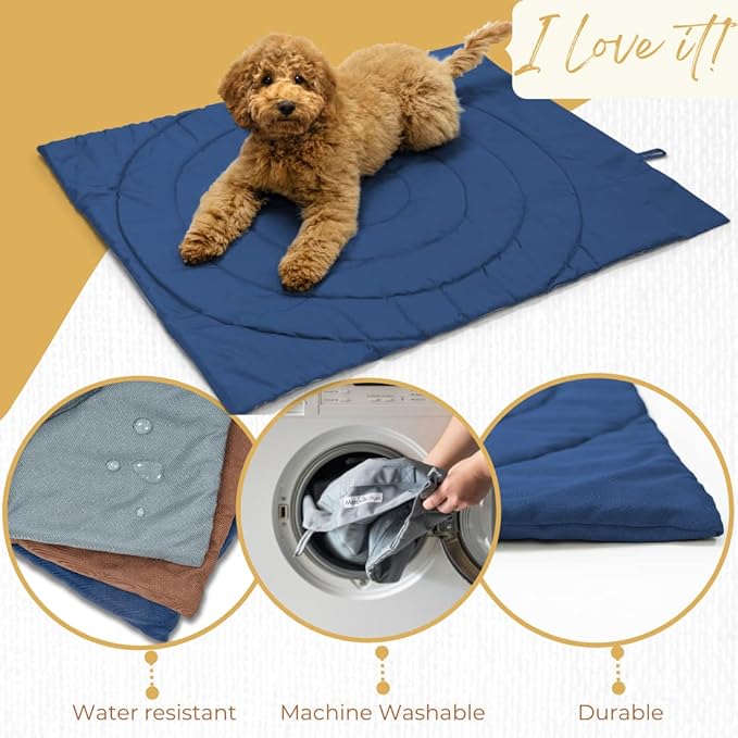 Dog Travel Mat - Portable Waterproof Foldable Dog Bed for Home, Car, Crate & Outdoor - Washable Roll Up Pet Mat for Medium & Large Dogs (39"x30") - Includes Carry Bag