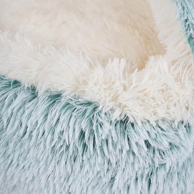 Cat Bed Round Fluffy Hooded Cat Bed Cave, Anti-Anxiety Cave Bed with Hooded Blanket, Cozy Cuddler Luxury Puppy Pet Bed, Anti-Slip Bottom and Machine Washable (Green, Large)