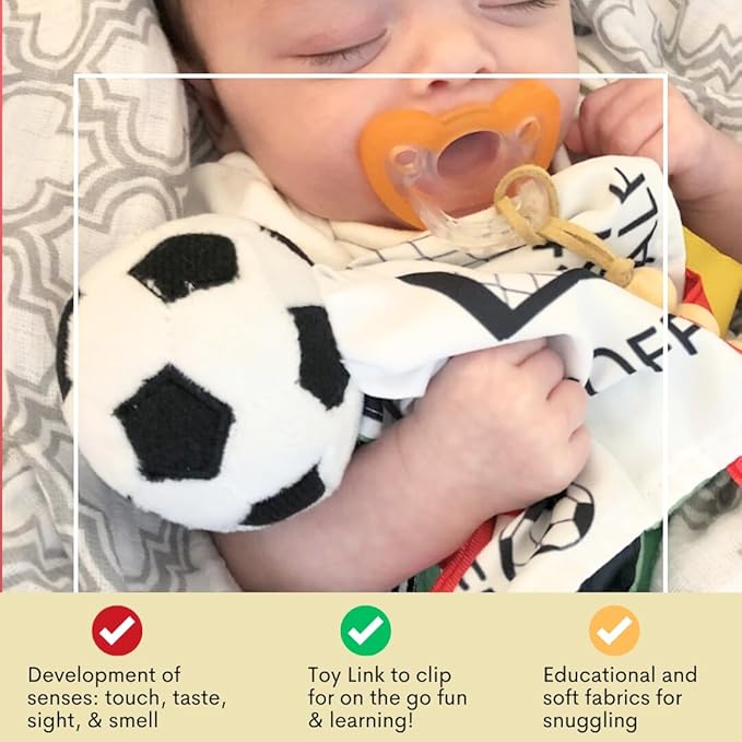 Baby Jack & Co 10x10” Soccer Sports Lovey Sensory Plush Blanket - Tag Toy for Babies - Baby Stroller Toys - Learn Shapes, Letters & Colors - MVP Ball Toy & Sports Gift w/ Stroller Clip World Cup