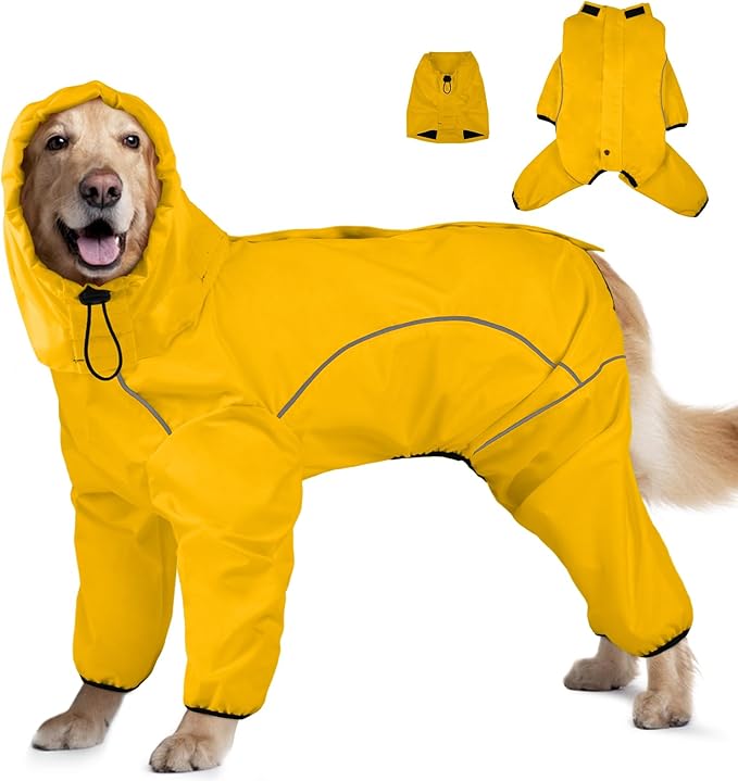 Dog Raincoat, Waterproof Dog Rain Jacket with Removable Hood，Adjustable 4 Legs Pet Poncho with Leash Hole，Reflective Stripe Hooded Snowproof Windproof Clothes for Small to 3X-Large Dogs, M