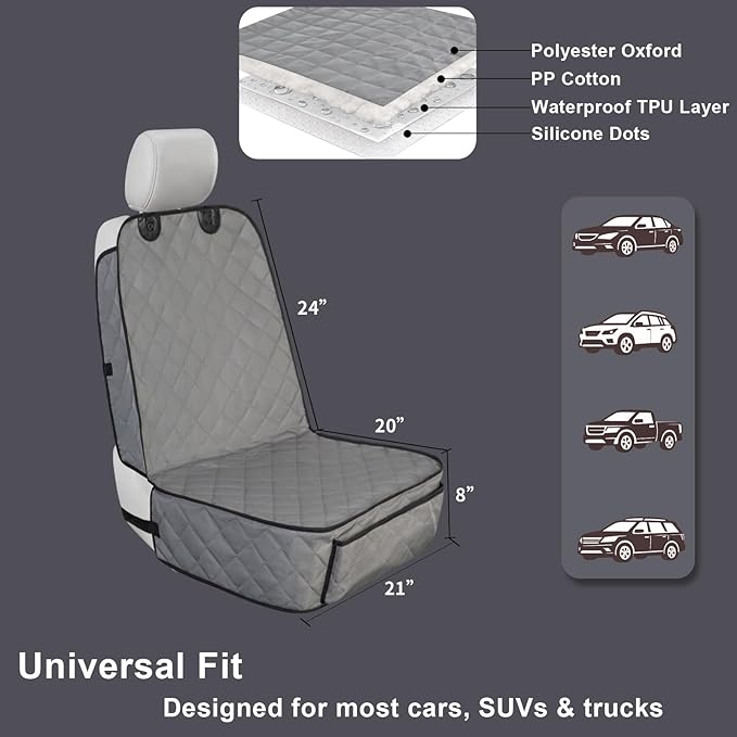 Dog Car Seat Cover Front Seat - Waterproof and Non-Slip, Heavy-Duty Pet Seat Protector with Side Flaps, Full Protection for Front Bucket Chairs on Cars SUVs Trucks (Grey, Standard Front)