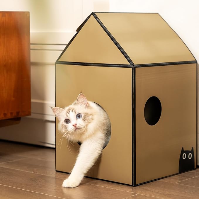 Conlun Cardboard Cat House with Scratch Pad & Catnip, Cat Play Scratching House for Indoor Hideaway Furniture, Heavy Duty Sturdy Cardboard Scratcher, Easy to Assemble Birthday Gift, Medium