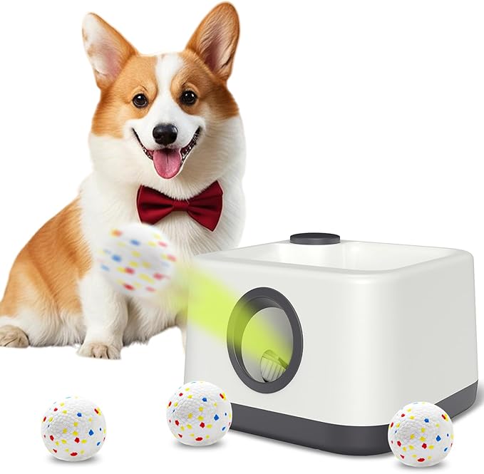 Automatic Dog Ball Launcher with Barking Function, Dual Modes (Auto/Manual) Interactive Dog Fetch Toy with 4 Adjustable Distances, Dog Balls Thrower for Small & Medium Dogs, with 4 Durable ETPU Balls