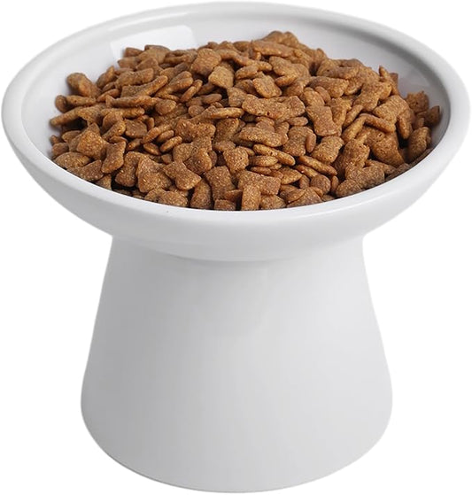 6.2 Inch Extra Wide Elevated Ceramic Cat Bowls, Food and Water Bowl Set for Elder Big Cats Small Dogs, Raised Design for Pet Easy Eating, Protect Cat's Spine Set of 1（White-1pc）