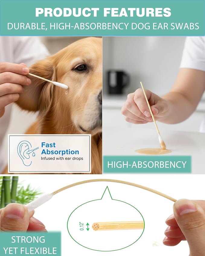 Dog Ear Cleaning Swabs 300 Count – 4.72 Inch Cotton Swabs for Small Medium Dogs & Cats, Bamboo Lint-Free Cotton Tipped Applicators, Ear Wax Removal & Tear Stain Grooming Kit