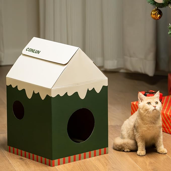 Conlun Cardboard Cat House with Scratch Pad & Catnip, Cat Play Scratching House for Indoor Hideaway Furniture, Heavy Duty Sturdy Cardboard Scratcher, Easy to Assemble Birthday Gift, Medium