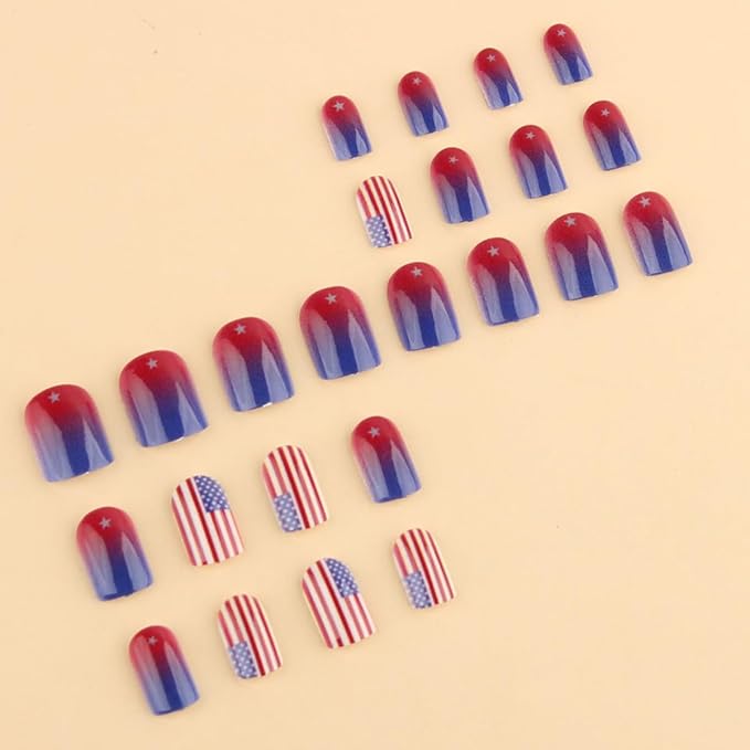 yefiuo 4th of July Press on Nails Short Square Ombre French Fake Nails Press ons Flag Acrylic False Nails Glue on Nails Reusable Nail Tips Kit Full Cover Stick on Nail Supplies for Women Girls 24Pcs