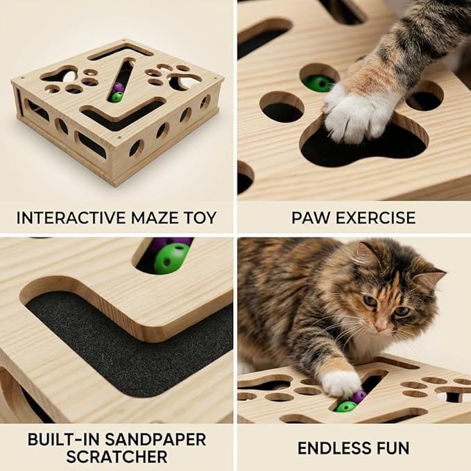 Cat Scratch Puzzle Enrichment Box, Large Solid Wood Cat Nail File Box with Sandpaper and 3 Bell Balls, Stress Free Alternative to Clippers & Grinders, Interactive Cat Toy for Indoor Cats Claw Care (A)