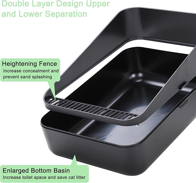 Sfozstra Black Small Cat Litter Box - Open Top with High Sides & Sifting, Leak-Proof & Odor-Reducing, Removable Liner, Easy-Clean ABS, for Cats Up to 8 lbs