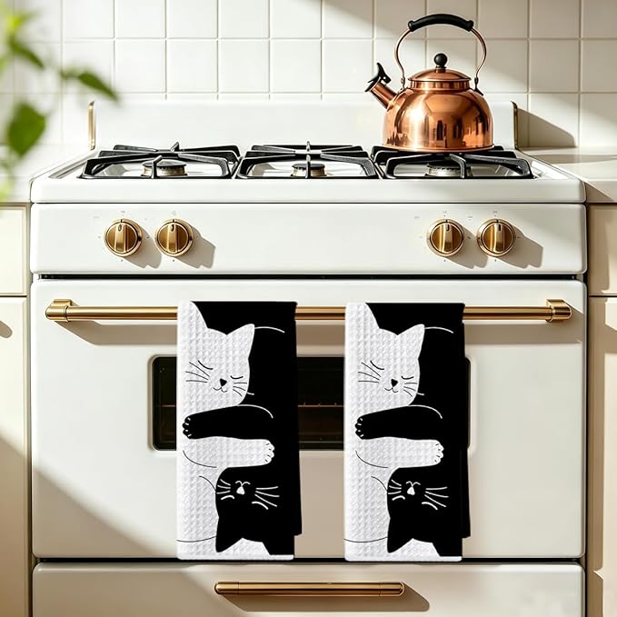 Hanamiya Na 2 Pcs Cute Cat Kitchen Towels 24x14 Inch, Cats Gifts Reusable Dish Towels for Kitchen Home Bathroom Decor, Waffle Weave Hand Cloth Tea Towel, Gifts for Cat Lovers Women Friend Girls