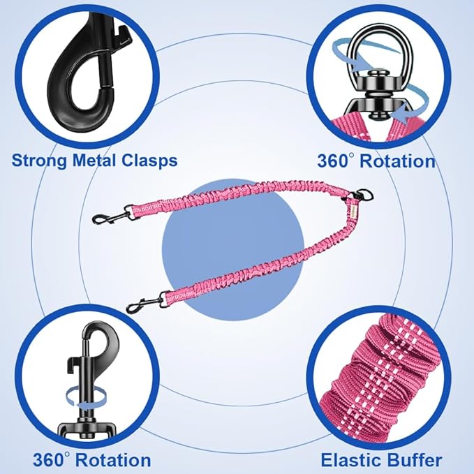 MingXpets Double Dog Leash, Dual Dog Leash, 360° Swivel Tangle Free Bungee Walking Training for Large Medium Dogs, Shock Absorbing Bungee Reflective for Two Dogs, 18~120 lbs, Pink