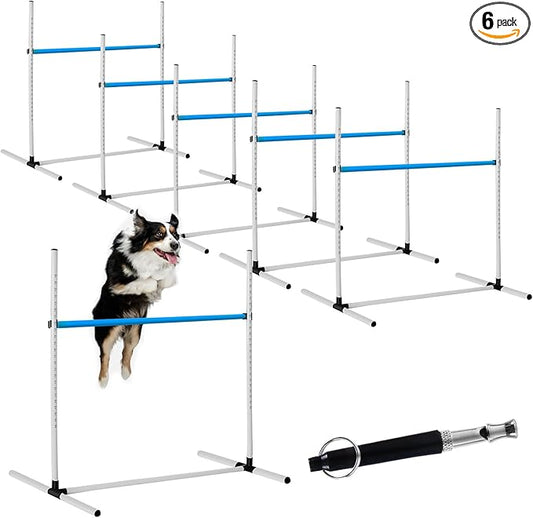 Halloscume 6 Pcs Dog Agility Training Equipments Dog Agility Jumps Hurdles Adjustable Jumps Hurdles Pet Jump Bars with Bag and Whistle for Indoor Outdoor Dogs Pet Jump Course Game(Blue and White)