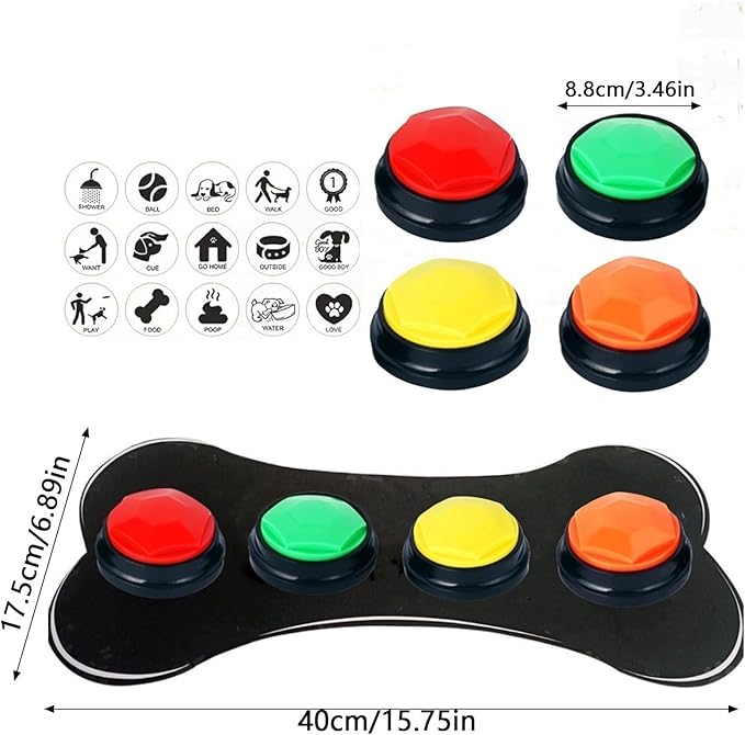 Dog Buttons for Communication, Set of 4 Color Dog Talking Button, 30s Voice Recordable Pet Training Tool, Speaking Buttons for Cats & Dogs with Scene Stickers and Rubber Mat (Red)