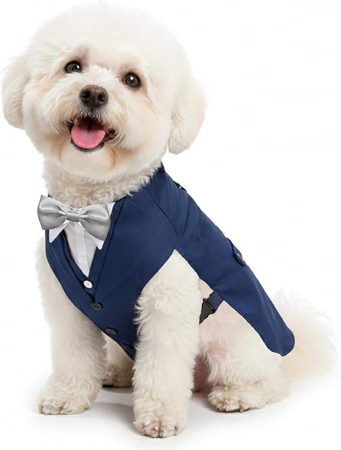 AVERYDAY Dog Tuxedo with Bow Tie for Wedding Outfit, Dog Suit Costume for Christmas Halloween Valentine’s Day, Adjustable Pet Tux Harness with Leash Ring, Formal Wear for Small Medium Large Dogs