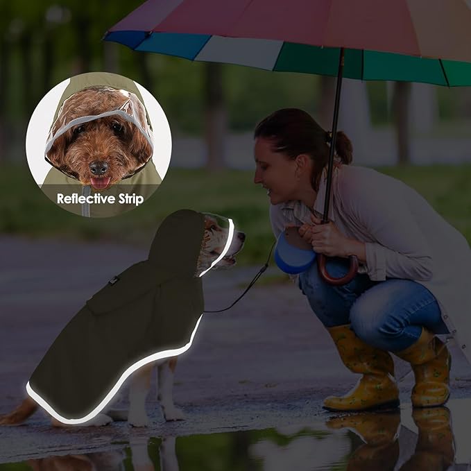 Lukovee Dog Raincoat - Lightweight Hooded Dog Rain Coat for Large Medium Small Dogs, Adjustable Poncho Jacket with Reflective Stripes & Built-in Storage Pocket (Green, 2X-Small)