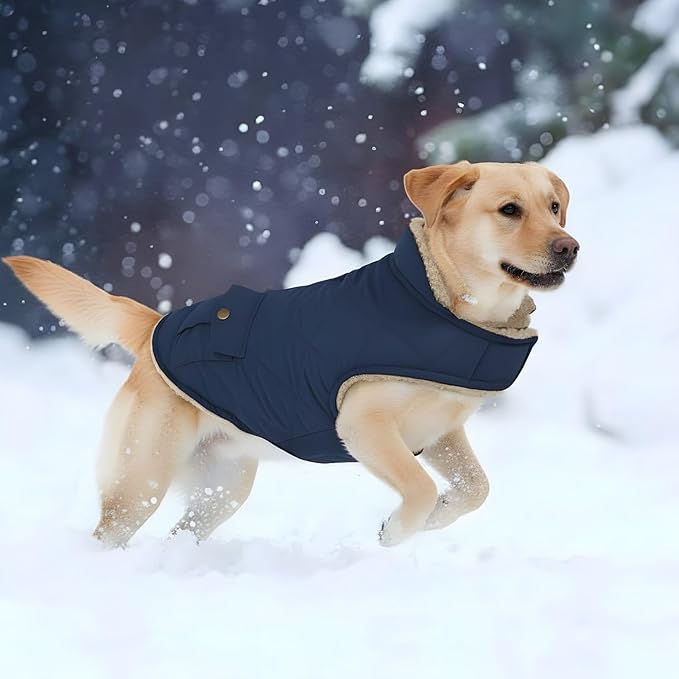 ASENKU Warm Dog Winter Coat, Waterproof Dog Coat for Cold Weather, Fleece Dogs Jacket with Ultra Thick Plush Lining Leash Hole Storage Pockets for Large Dogs (Navy Blue, X-Large)