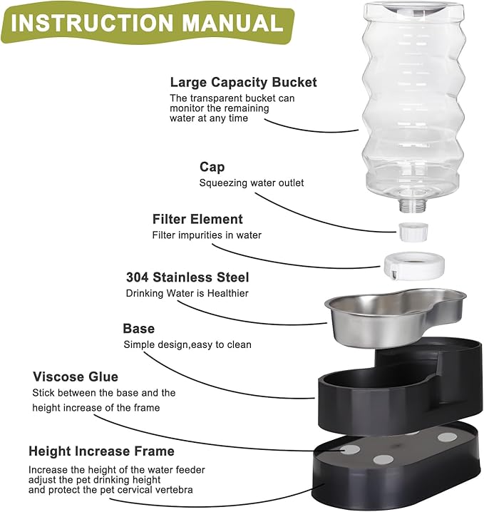 RIZZARI Black 9L Gravity Dog Water Dispenser - Ion Exchange & Carbon Filtration, Raised Base for Senior Dogs, Spill-Resistant, Includes 2 Filters & Caps, with Stainless Steel Bowl, for Multi-Dog Homes