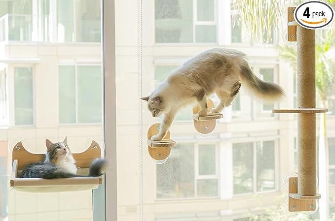 4-in-1 Window & Wall Mount Cat Wall Shelves – Hammock, Steps & Scratching Post with Landing | Space-Saving Pet Furniture for Glass & Drywall | Modern Cat Window Perch | Fits up to 40 lbs