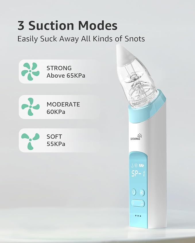 GROWNSY Nasal Aspirator for Baby with Protection Mode, Electric Nose Suction for Baby, Automatic Baby Nose Sucker with 3 Silicone Tips, Adjustable Suction Level, Music and Light Soothing Function