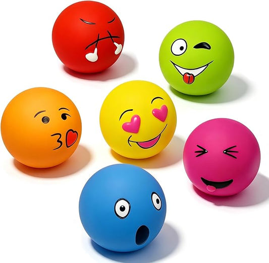 HOLYSTEED Latex Squeaky Dog Balls for Medium Breeds, 6-Pack Emoji Squeaky Dog Toys - 2.5-Inch Rubber Bouncy Fetch Toys, Assorted Colors for Indoor Outdoor Puppy Play