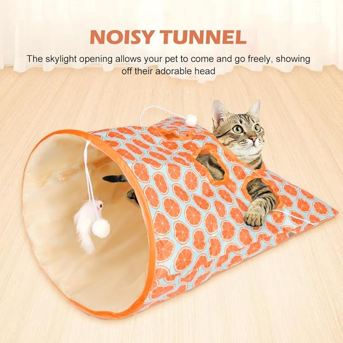 Cat Tunnel Toy, Cat Tunnel Bags with 1 Little Mouse & 3 Ball Crinkle Sack Bag for Cats, Portable Training Cave Collapsible Interactive Cat Drill Bag Pet Toy, Cat Self Interactive Toys(Orange)