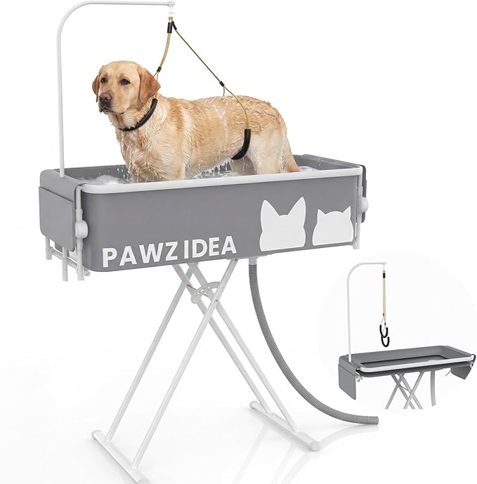PAWZIDEA 2-in-1 Portable Dog Bathtub & Grooming Table for Medium to Large Dogs up 150lb, 43" Foldable Dog Washing Station, 5-Height Adjustable Elevated Pet Shower Bath, 1.8" Fast Drain, Indoor Outdoor