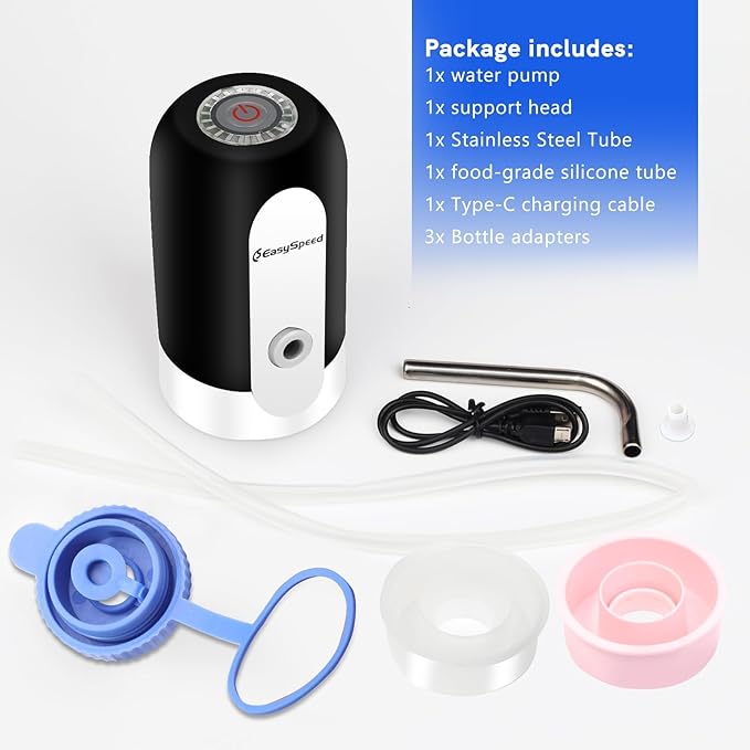 Water Dispenser for 5 Gallon Bottle, USB-C Electric Water Pump for 5 Gallon Jugs and Bottles, Portable Automatic Drinking Water Dispenser for Camping, Travel, Black