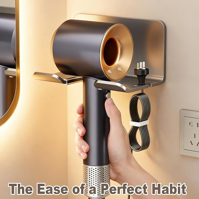 Aluminum Hair Dryer Holder Wall Mount,Self-Adhesive Blow Dryer Hanger with Cord Organizer & Anti-Scratch Strip, No Drilling for Bathroom Cabinet Door Vanity, Universal Fit for All Hair Dryers