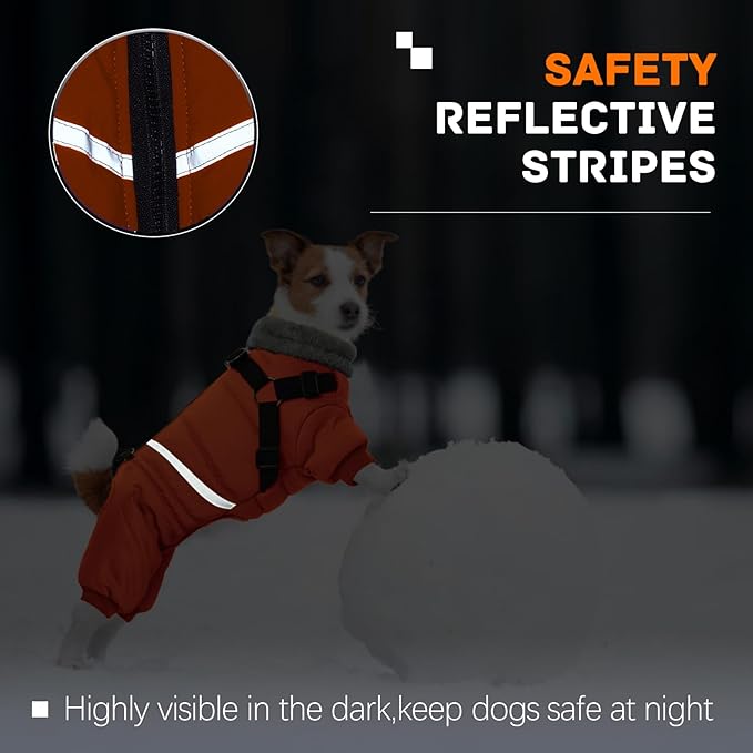 BRKURLEG Small Dog Winter Coat with Harness Built in, Orange Winter Dogs Jackets, Fullbody Dog Coat, Dogs Snowsuits Reflective Windproof Cold Weather Coats, Pet Warm Fleece Coats, XXL