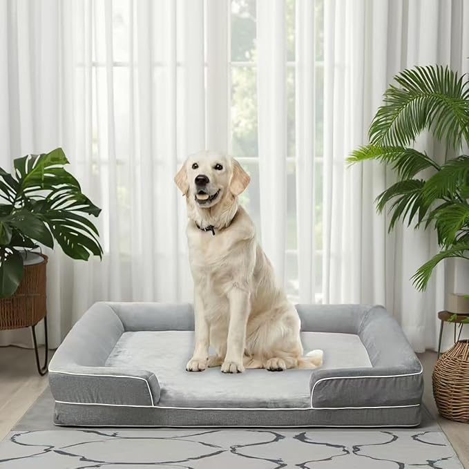 Orthopedic Dog Bed Set for X Large Dogs,Memory Foam Bed 42x30inch,Washable Removable Cover with Dog Bed Bolster Pillows & Egg Crate Support,Grey,