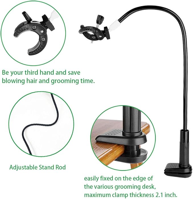 Dog Pet Grooming Table Hair Dryer Stand Holder Hands, Adjustable Flexible Third Arm Hose Tube Holder with Clamp (Black)