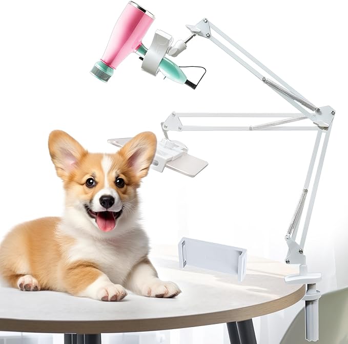 White Dog Hair Dryer Holder - 360° Rotating Hands-Free Stand with Adjustable Clamp for Blow Dryers,3-in-1 Holder for Pet Hair Dryer, Tablet, and Phone Holder,Flexible,Sturdy, Safe