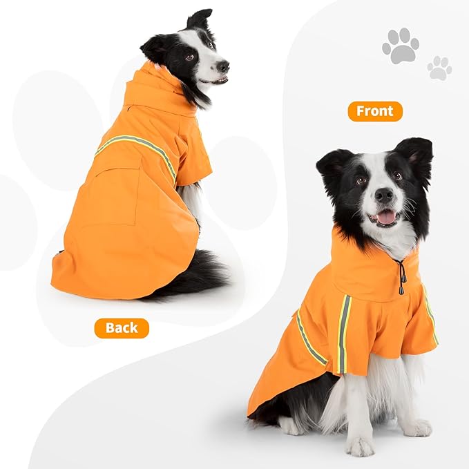 Dog Raincoat, Waterproof Windproof Dog Rain Jacket Adjustable, Rain Coat with Leash Hole, Reflective Strap Raincoat Poncho for Small Medium Large Dogs Outdoor (Reflection-Orange, S)