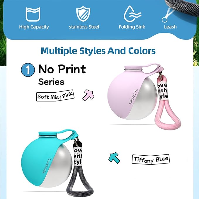Dog Water Bottle, 10oz Stainless Steel Portable Dog Water Bottle with Foldable Silicone Bowl, 2-in-1 Portable Dog Water Bowl for Water & Food, Water Dispenser for Dogs Walking (Pink Printed)