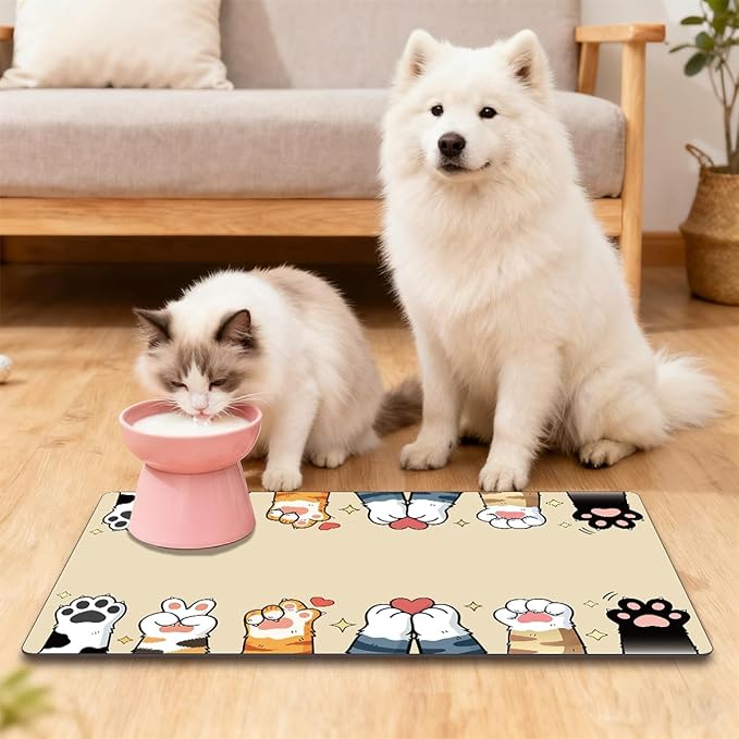 Cute Cat Food Mat 20 x 12 Inch Non Slip Design, Cat Feeding Mat Paw Print Absorbent Quick Dry Washable Rectangle Fedding Bowl Placemat Rug Protect Floors for Dogs Pets Water Area Home Use