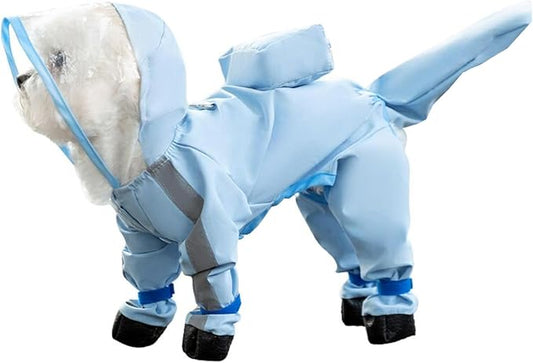 Waterproof Dog Raincoat,Full Coverage 4 Legs Dog Rain Jacket for Small Dogs,Pet Rain Coat with Hood,Reflective Strips&Leash Hole Outdoor Raincoat (Large（for Weight 8.8-11 lb）, Blue)