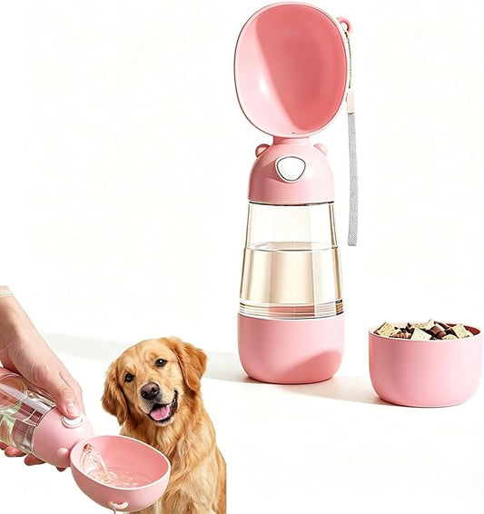 2-in-1 Dog Water Bottle, 400ML Water + 200ML Food Leak-Proof Pet Travel Water Dispenser with Detachable Bowl, BPA-Free Portable Dog Water Bottle for Walking, Hiking, Travel (Pink)